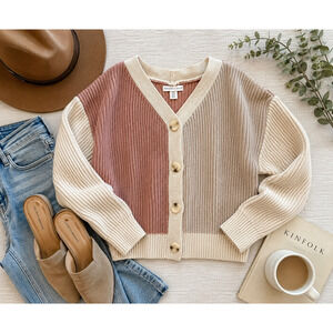 Sincerely Jules Colorblock Cardigan Sweater Cropped Chunky Knit Neutral XS